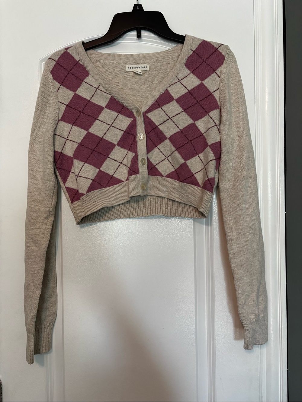 Aeropostale Beige and Pinkish Purple Argyle Cropped Cardigan Medium